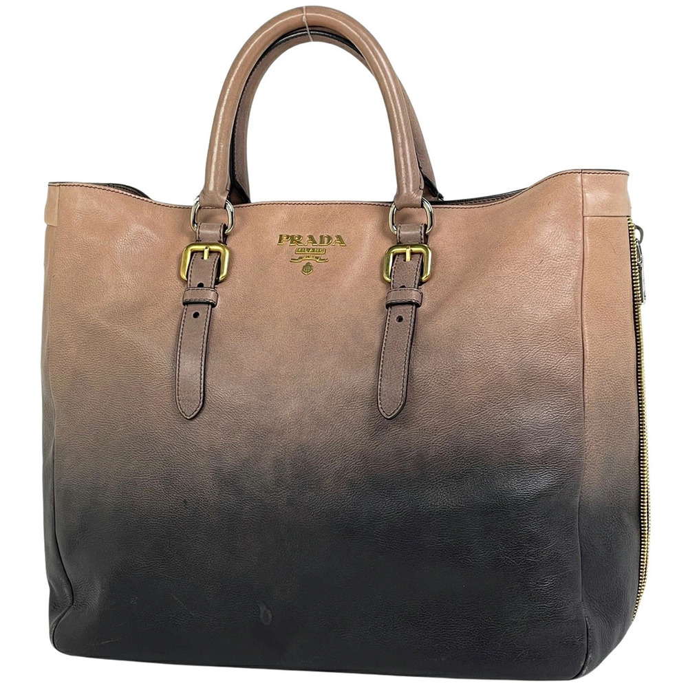 Prada Glace Zippered Handbag Side Zipper Leather Beige Cream